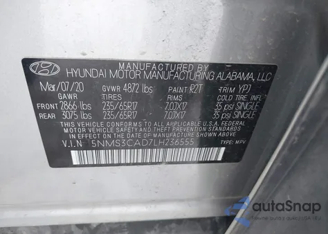 2020 Hyundai Santa Fe Sel from USA, damaged, VIN 5NMS3CAD7LH236555